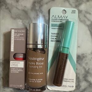Revlon Gel Serum Blush, Neutrogena Hydro Boost Hydration Tint, Almay Concealer.